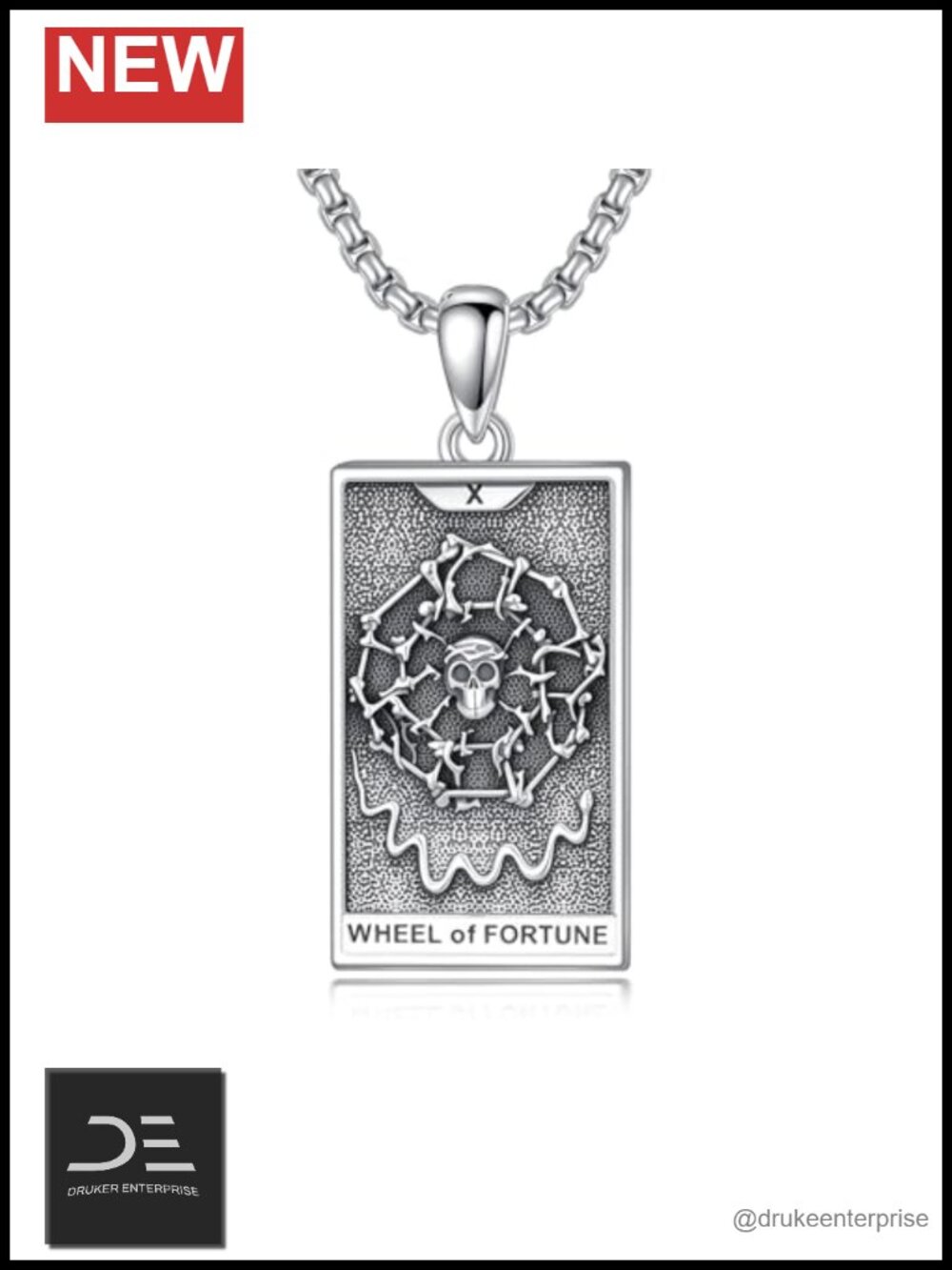 Sterling Silver Tarot Wheel of Fortune Skull Pendant Necklace Unisex